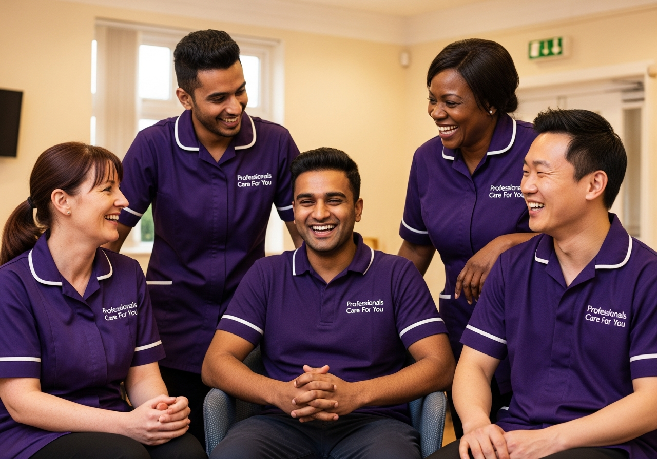 The Professionals Care For You home care team collaborating in their King's Lynn Norfolk office — diverse European, African, South Asian and East Asian care professionals