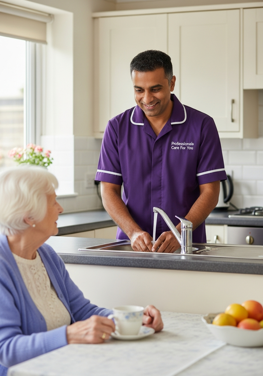 Black African female Professionals Care For You carer preparing a meal in a Norfolk kitchen while an elderly woman sits nearby — domestic support and home help in King's Lynn