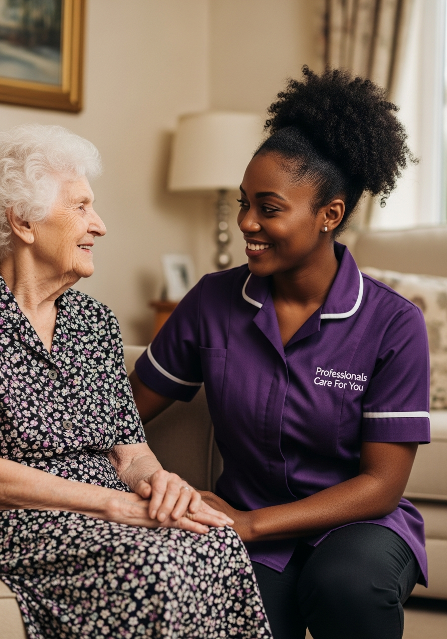 A South Asian female home carer in a purple Professionals Care For You uniform assisting an elderly woman at home in Norfolk