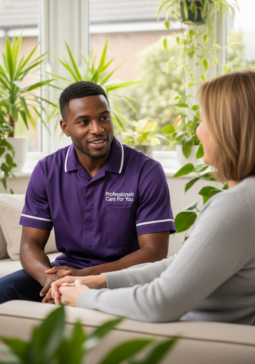 South Asian female Professionals Care For You carer supporting a young adult man with a weekly planner in his Norfolk flat — person-centred mental health and learning disability care in King's Lynn