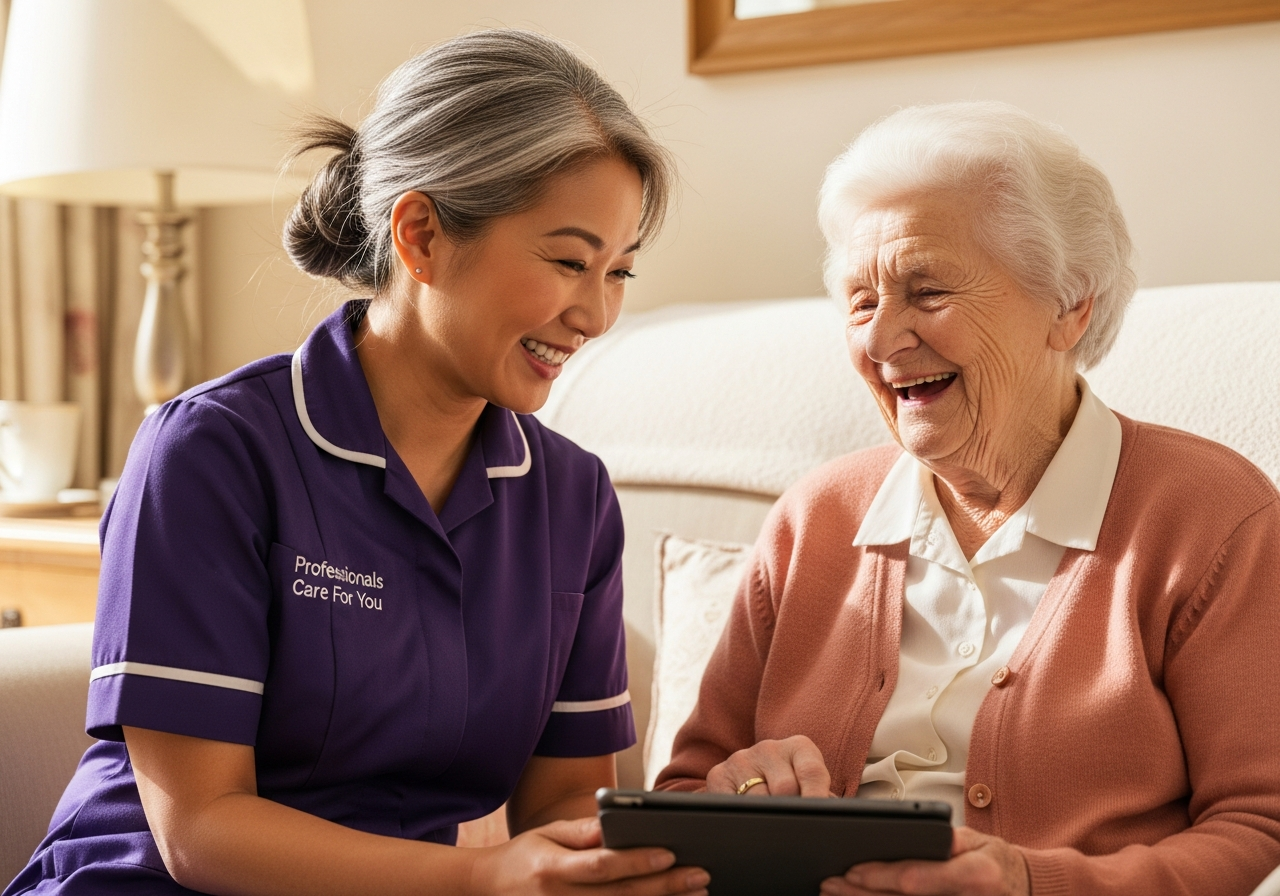 Diverse team of Professionals Care For You home carers β African, European and Asian β in purple uniforms, King's Lynn Norfolk